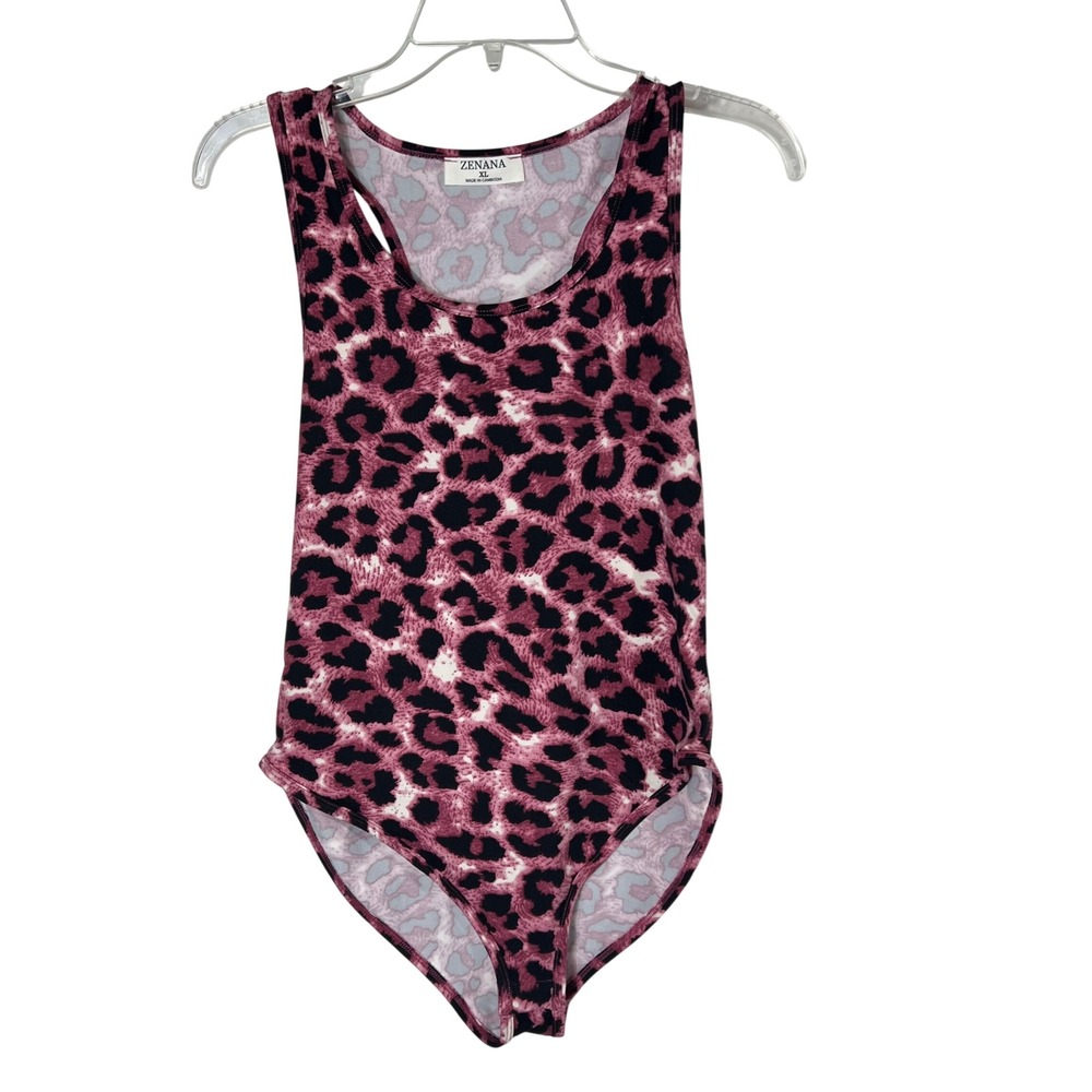 Zenana Womens Pink Black‎ Leopard Print Racerback Bodysuit XL Sleeveless